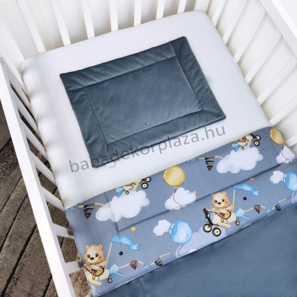 Harmony Baby 2 részes babaágynemű garnitúra - takaró + párna - Acélkék bársony - repcsis mackók