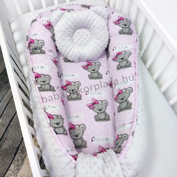 Harmony Baby XL babafészek AJÁNDÉK macipárnával - Szürke - rózsaszín masnis maci