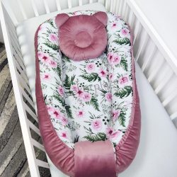   Harmony Baby XL babafészek AJÁNDÉK macipárnával - Mályva bársony - rózsakert