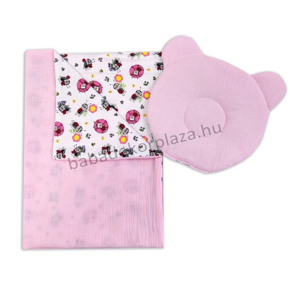 Deluxe Baby muszlin-pamut kétoldalas babatakaró párnával - rózsaszín - katicák