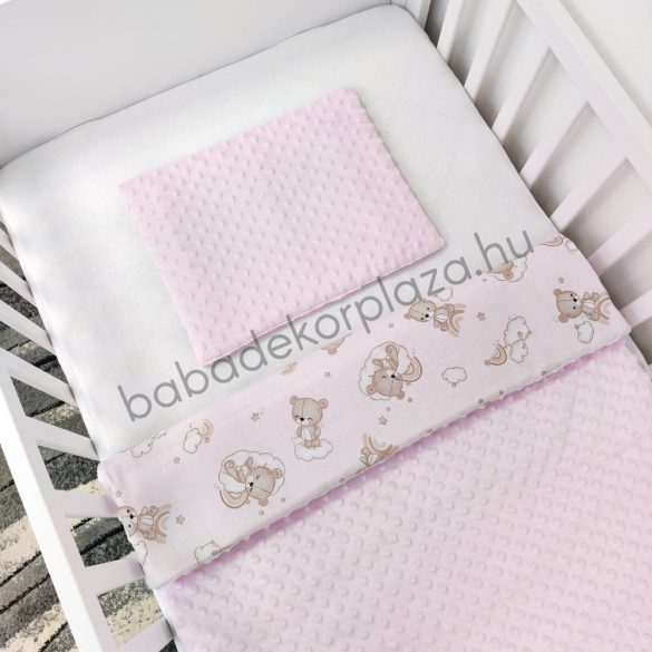 Deluxe Baby 2 részes babaágynemű garnitúra - takaró + párna - Világos rózsaszín - felhőn alvó macikák