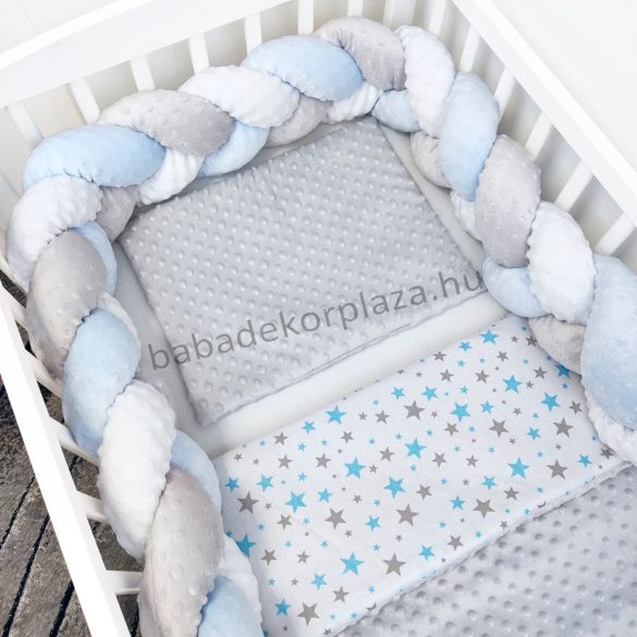 3 részes babaágynemű garnitúra - takaró + párna + fonott rácsvédő - "Sky" Pastel Grey&Blue