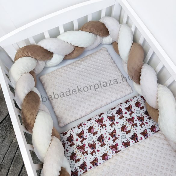 Deluxe Baby 3 részes babaágynemű garnitúra - takaró + párna + fonott rácsvédő - Minky mogyoró - barna őzikék