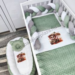   Deluxe Baby babaágynemű garnitúra babafészekkel - 5 részes - Sötét zsályazöld - szafari kaland