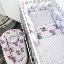   Harmony Baby babaágynemű garnitúra babafészekkel - 5 részes - Szürke - rózsaszín masnis maci