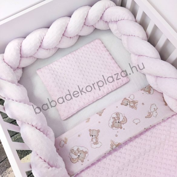 Deluxe Baby 3 részes babaágynemű garnitúra - takaró + párna + fonott rácsvédő - világos rózsaszín - felhőn alvó macikák