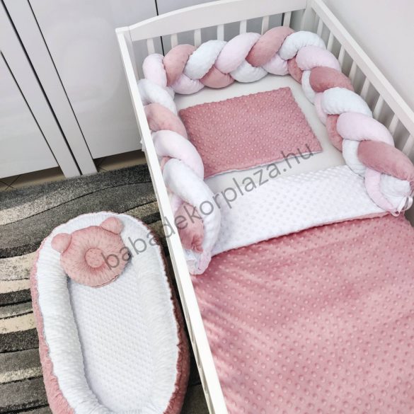 Deluxe Baby Minky babaágynemű garnitúra babafészekkel - 5 részes - mályvarózsa - fehér - világos rózsaszín