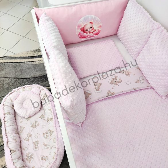 Deluxe Baby 9 részes babaágynemű garnitúra - világos rózsaszín - felhőn alvó macikák