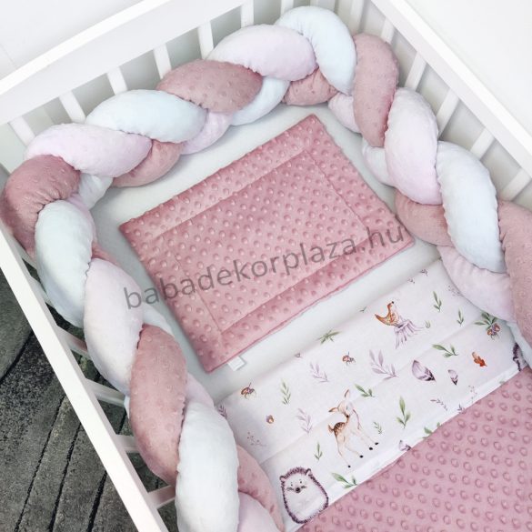 Harmony Baby 3 részes babaágynemű garnitúra - takaró + párna + fonott rácsvédő - Mályvarózsa - őzike és barátai