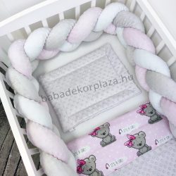   Harmony Baby 3 részes babaágynemű garnitúra - takaró + párna + fonott rácsvédő - Szürke - rózsaszín masnis maci