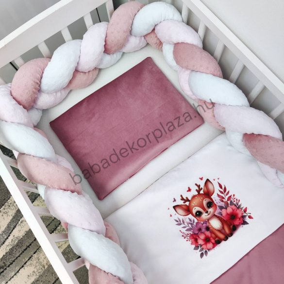 Deluxe Baby 3 részes babaágynemű garnitúra - takaró + párna + fonott rácsvédő - mályva - őzike virágok között