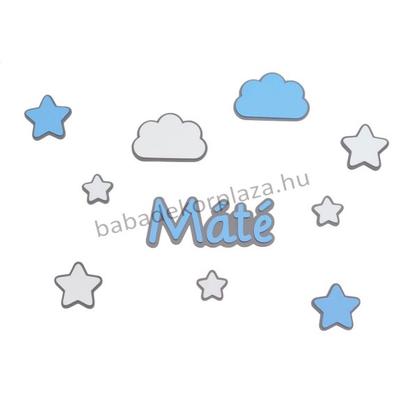 Falidekoráció - Mini felhők csillagokkal, névvel - szürke-fehér-világoskék