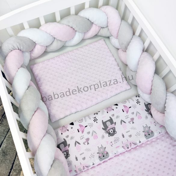 3 részes babaágynemű garnitúra - takaró + párna + fonott rácsvédő - Nyuszikák és macikák - Pastel Rose