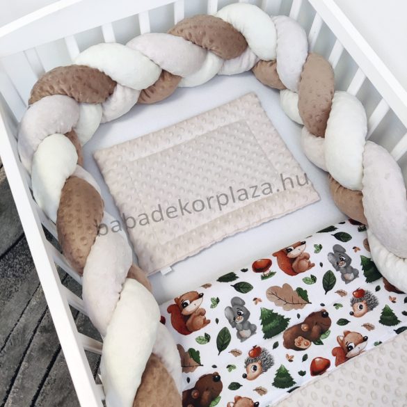 Harmony Baby 3 részes babaágynemű garnitúra - takaró + párna + fonott rácsvédő - Mogyoró - mókus-nyuszi-süni