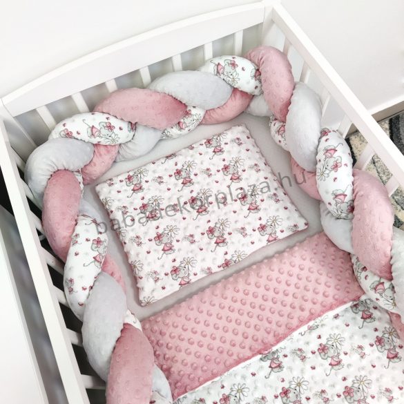 3 részes Minky babaágynemű garnitúra - takaró + párna + fonott rácsvédő - mályvarózsa - egérkék virágokkal
