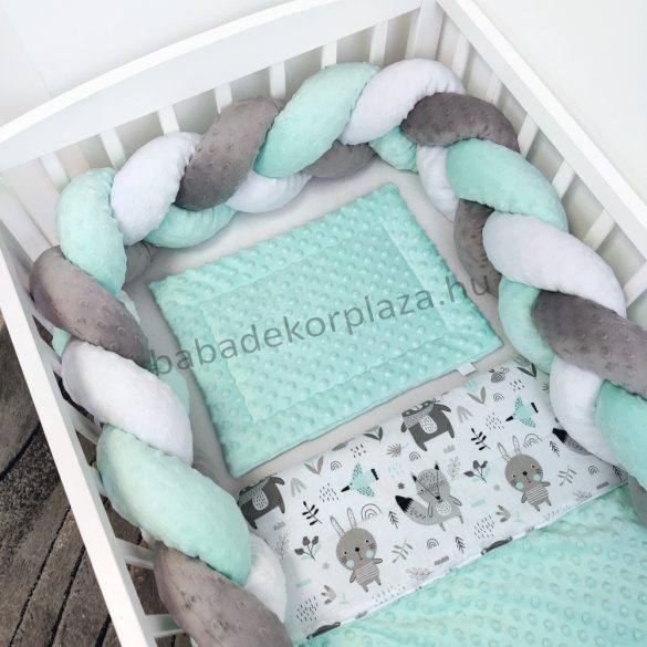 Harmony Baby 3 részes babaágynemű garnitúra - takaró + párna + fonott rácsvédő - Menta - nyuszikák és macikák II.