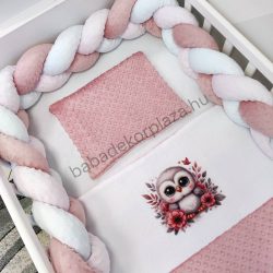   Deluxe Baby 3 részes babaágynemű garnitúra - takaró + párna + fonott rácsvédő - mályvarózsa-fehér - bagoly virágokkal