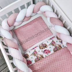   Deluxe Baby 3 részes babaágynemű garnitúra - takaró + párna + fonott rácsvédő - mályvarózsa - őzikék virágokkal