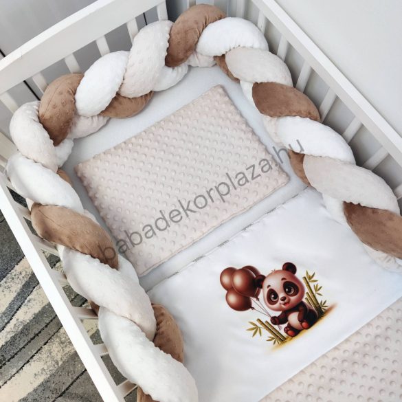 Deluxe Baby 3 részes babaágynemű garnitúra - takaró + párna + fonott rácsvédő - mogyoró - panda léggömbökkel