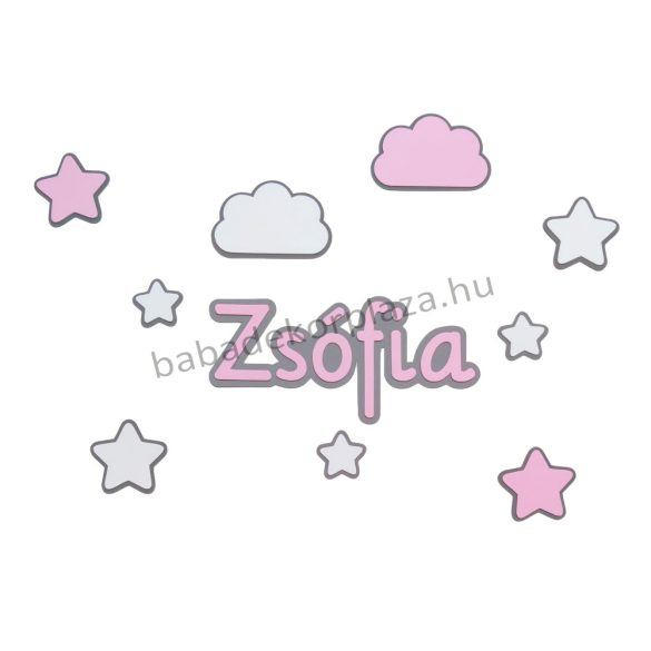 Falidekoráció - Mini felhők csillagokkal, névvel - szürke-fehér-rózsaszín