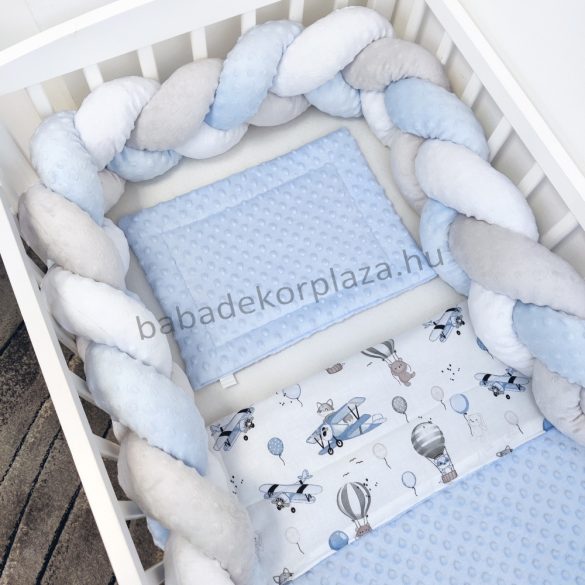 Harmony Baby 3 részes babaágynemű garnitúra - takaró + párna + fonott rácsvédő - Világoskék - repcsis rókák I.