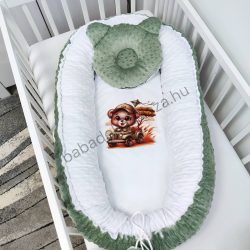   Deluxe Baby többfunkciós babafészek macipárnával, fekvőbetéttel - Minky sötét zsályazöld - fehér - szafari kaland