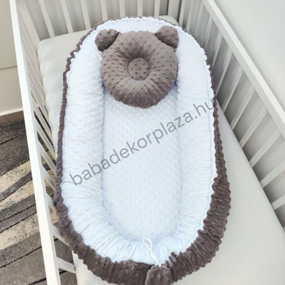 Deluxe Baby többfunkciós babafészek macipárnával - Minky hamvas grafit - fehér