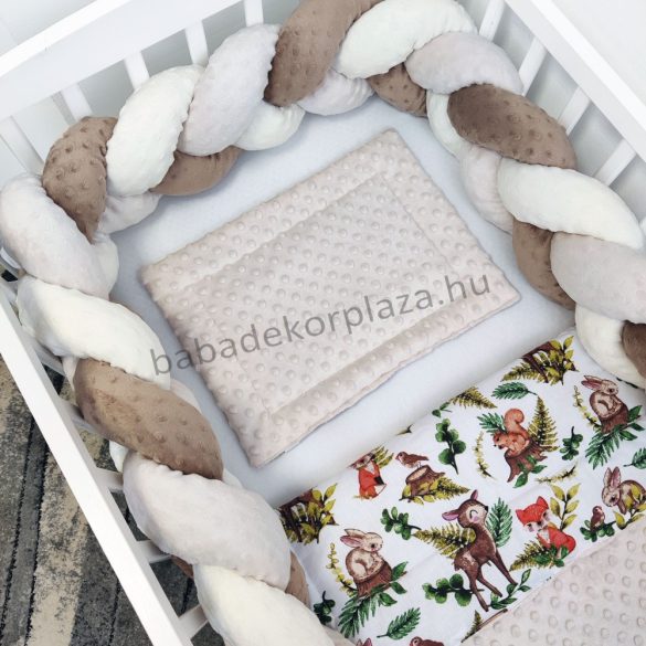 Harmony Baby 3 részes babaágynemű garnitúra - takaró + párna + fonott rácsvédő - Mogyoró - Erdőlakók