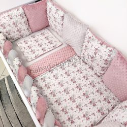   Deluxe Baby 11 részes mintás Minky babaágynemű garnitúra - Egérkék virágokkal