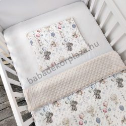   2 részes Minky babaágynemű garnitúra - takaró + párna - mogyoró - elefántok léggömbökkel