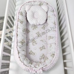   Deluxe Baby többfunkciós babafészek macipárnával - Minky világos rózsaszín - felhőn alvó macikák