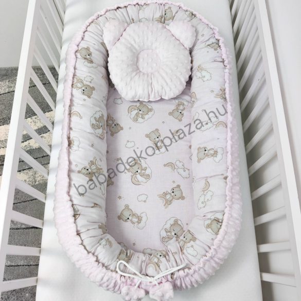 Deluxe Baby többfunkciós babafészek macipárnával - Minky világos rózsaszín - felhőn alvó macikák
