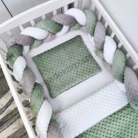 Deluxe Baby 3 részes Minky babaágynemű garnitúra - takaró + párna + fonott rácsvédő - sötét zsályazöld - fehér - grafitszürke