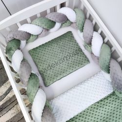   Deluxe Baby 3 részes Minky babaágynemű garnitúra - takaró + párna + fonott rácsvédő - sötét zsályazöld - fehér - grafitszürke