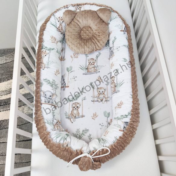 Deluxe Baby többfunkciós babafészek macipárnával - Minky cappuccino - szavanna kölykök