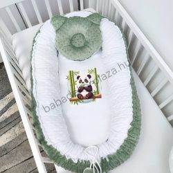   Deluxe Baby többfunkciós babafészek macipárnával, fekvőbetéttel - Minky sötét zsályazöld - fehér - panda