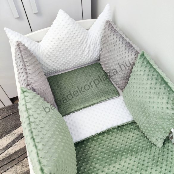 Deluxe Baby babaágynemű garnitúra koronapárnás rácsvédővel - sötét zsályazöld - fehér - grafitszürke