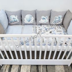   Deluxe Baby 10 részes babaágynemű garnitúra - szürke-világoskék - vonatok