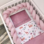 Deluxe Baby 3 részes babaágynemű garnitúra - takaró + párna + fonott rácsvédő - mályva - őzikék virágokkal, hőlégballonokkal