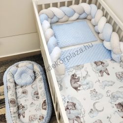   Deluxe Baby babaágynemű garnitúra babafészekkel - 5 részes - Világoskék - Mackó és barátai a felhők között I.