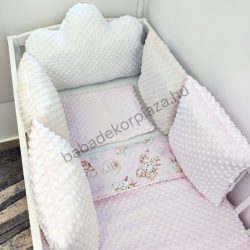   Deluxe Baby babaágynemű garnitúra felhőpárnás rácsvédővel - fehér - mogyoró - világos rózsaszín - bébi erdei állatok