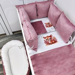   Deluxe Baby babaágynemű garnitúra babafészekkel,  párnás rácsvédővel - mályva bársony - vidám bébi őzike