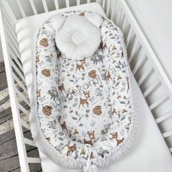  Deluxe Baby többfunkciós babafészek macipárnával - Minky szürke - őzike és mosómedve