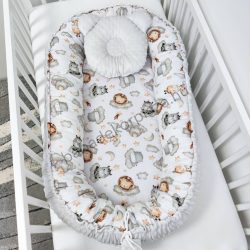   Deluxe Baby többfunkciós babafészek macipárnával - Minky szürke - vidám szafari
