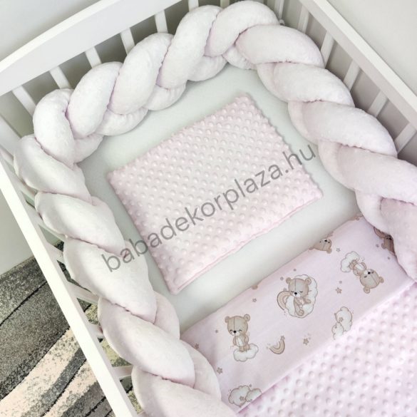 Deluxe Baby 3 részes babaágynemű garnitúra - takaró + párna + fonott rácsvédő - világos rózsaszín - felhőn alvó macikák