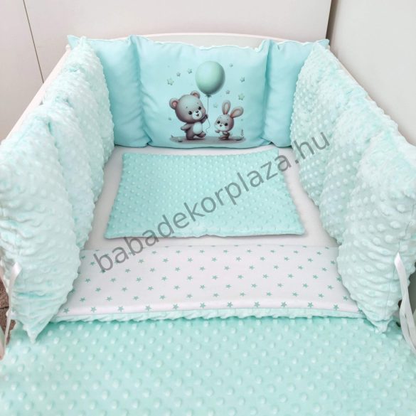 Babaágynemű Extra párnás rácsvédővel - menta - nyuszi és maci