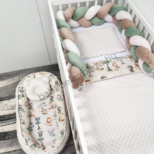 Deluxe Baby babaágynemű garnitúra babafészekkel - 5 részes - mogyoró - szafari kölykök