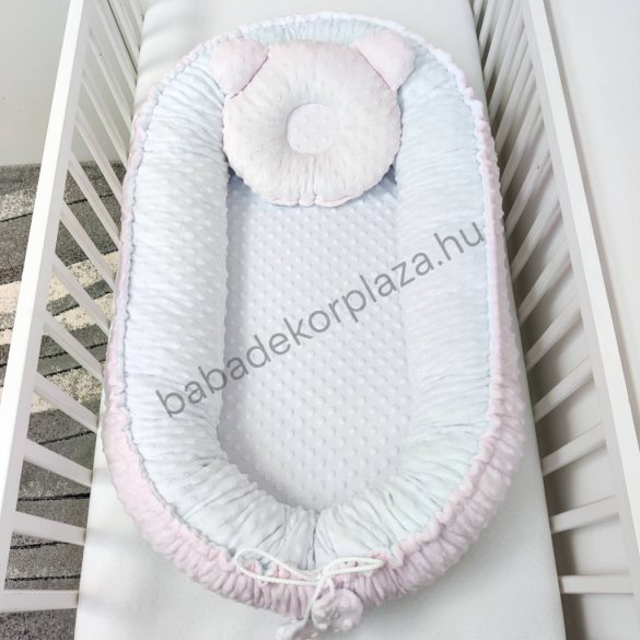 Deluxe Baby többfunkciós babafészek macipárnával - Minky világos rózsaszín - fehér