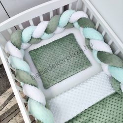   Deluxe Baby 3 részes Minky babaágynemű garnitúra - takaró + párna + fonott rácsvédő - sötét zsályazöld - fehér - menta