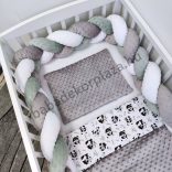 Deluxe Baby 3 részes babaágynemű garnitúra - takaró + párna + fonott rácsvédő - grafitszürke - pandák II.